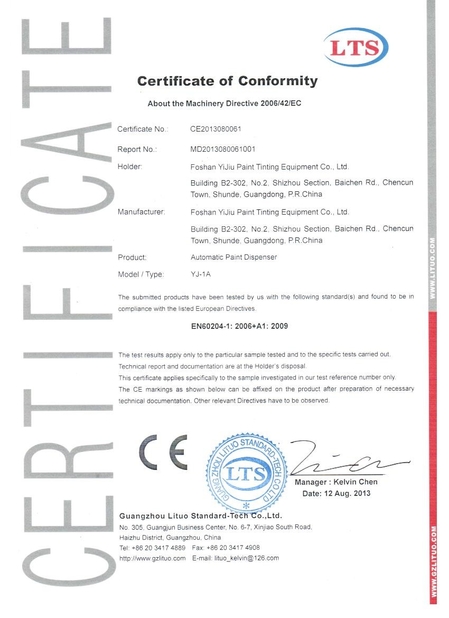 China FOSHAN EGO TINTING CO.,LTD Certificaciones
